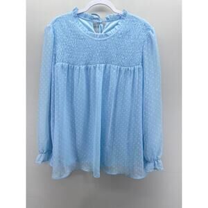 Light Blue Swiss Dot Mock Neck Long Sleeve Blouse‎